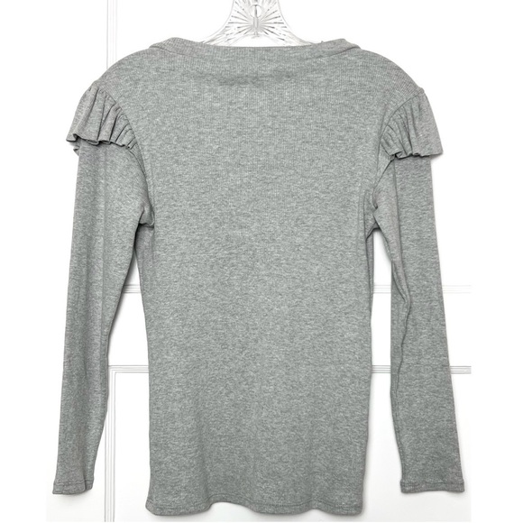 VERONICA BEARD Heather Grey Rib Knit Ruffle Shoulder V-Neck Long Sleeve Top XS - Picture 4 of 7